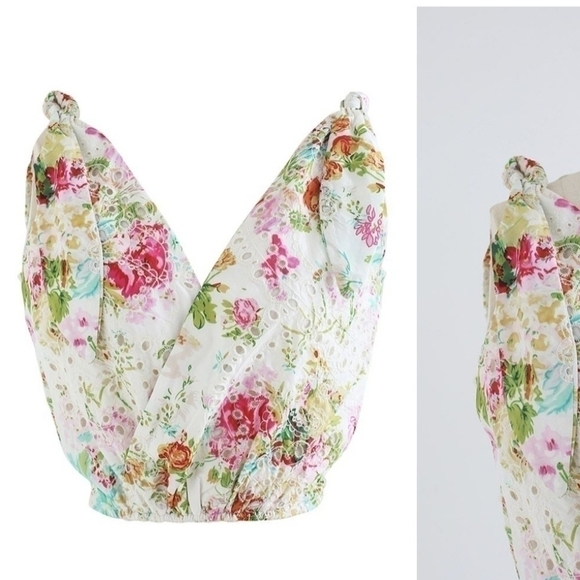 FLOWER EMBROIDERED TIE-STRAP WRAPPED TOP size medium - Picture 2 of 5